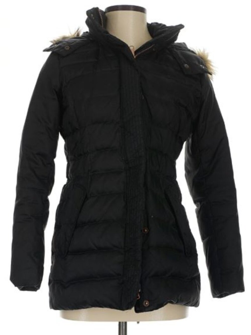 Land's End Down Fill Puffer Coat XS Black Faux Fur Hood Ski Snow Winter Jacket
